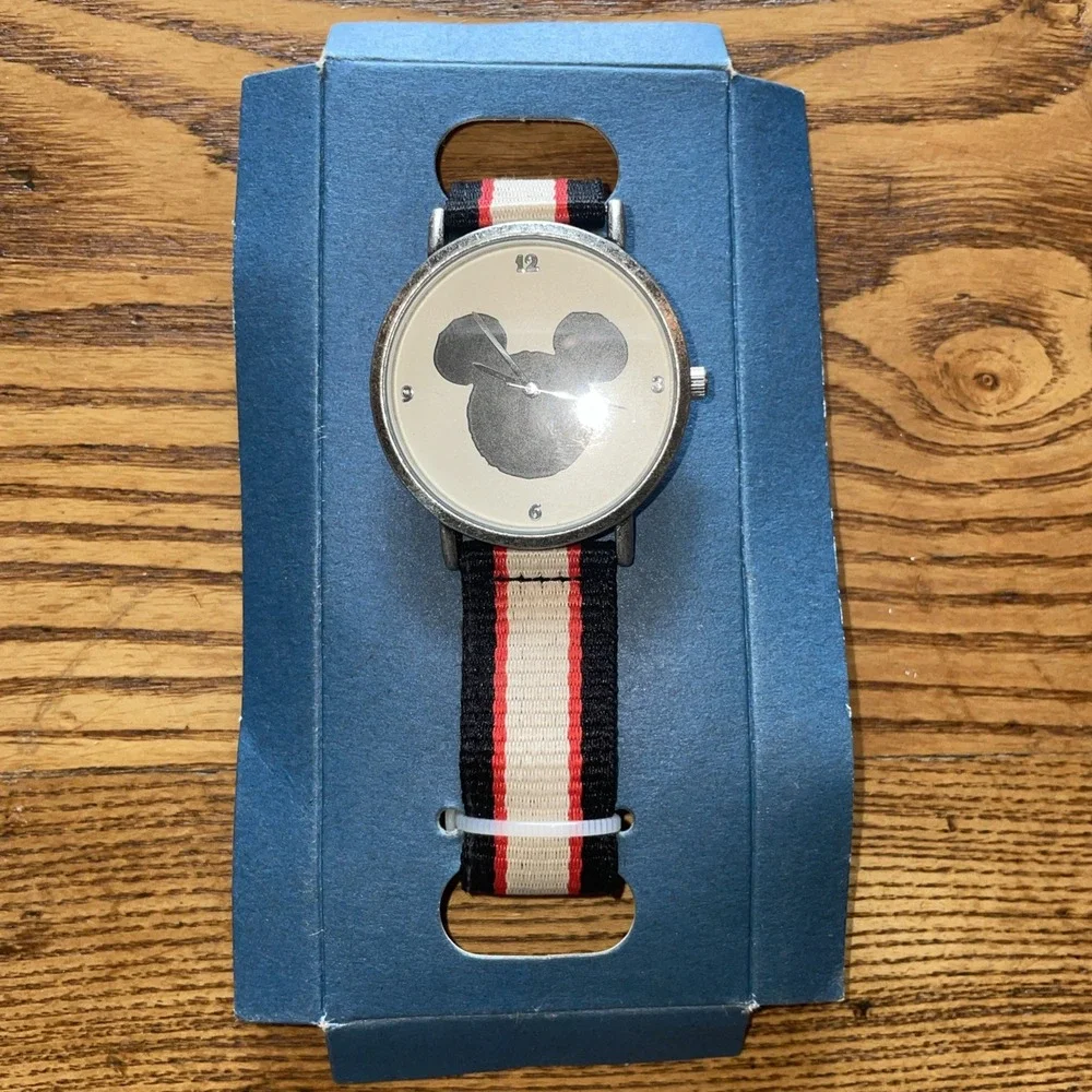 Disney Licensed Wrist Watch Mickey Mouse Black Silhouette Red Blue Striped Band